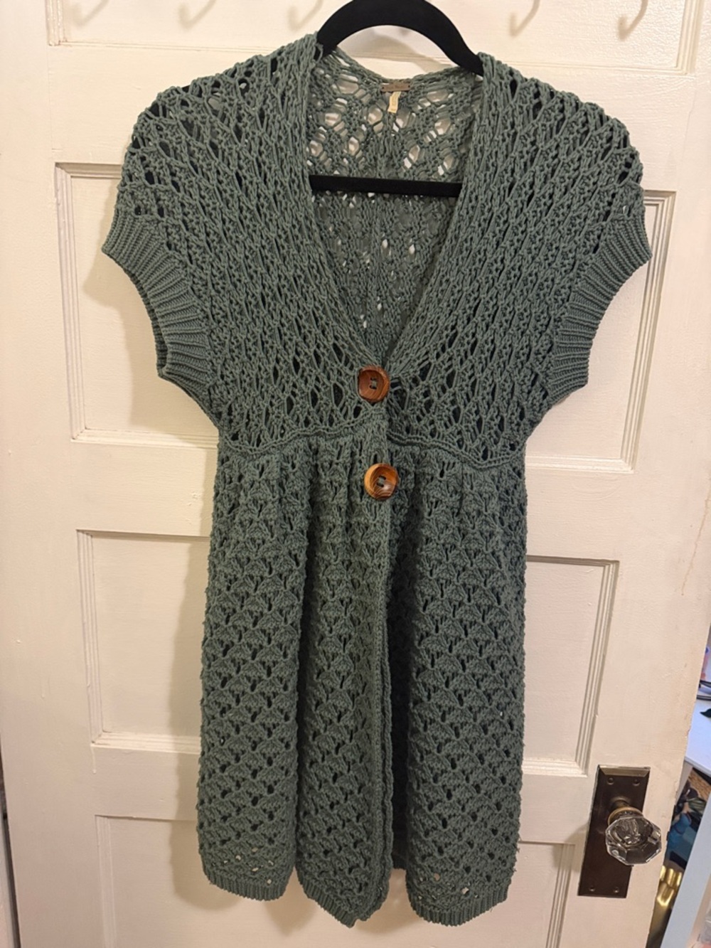 Free People Crochet Knit Button-Front Short Sleeve Cardigan - Sage Green